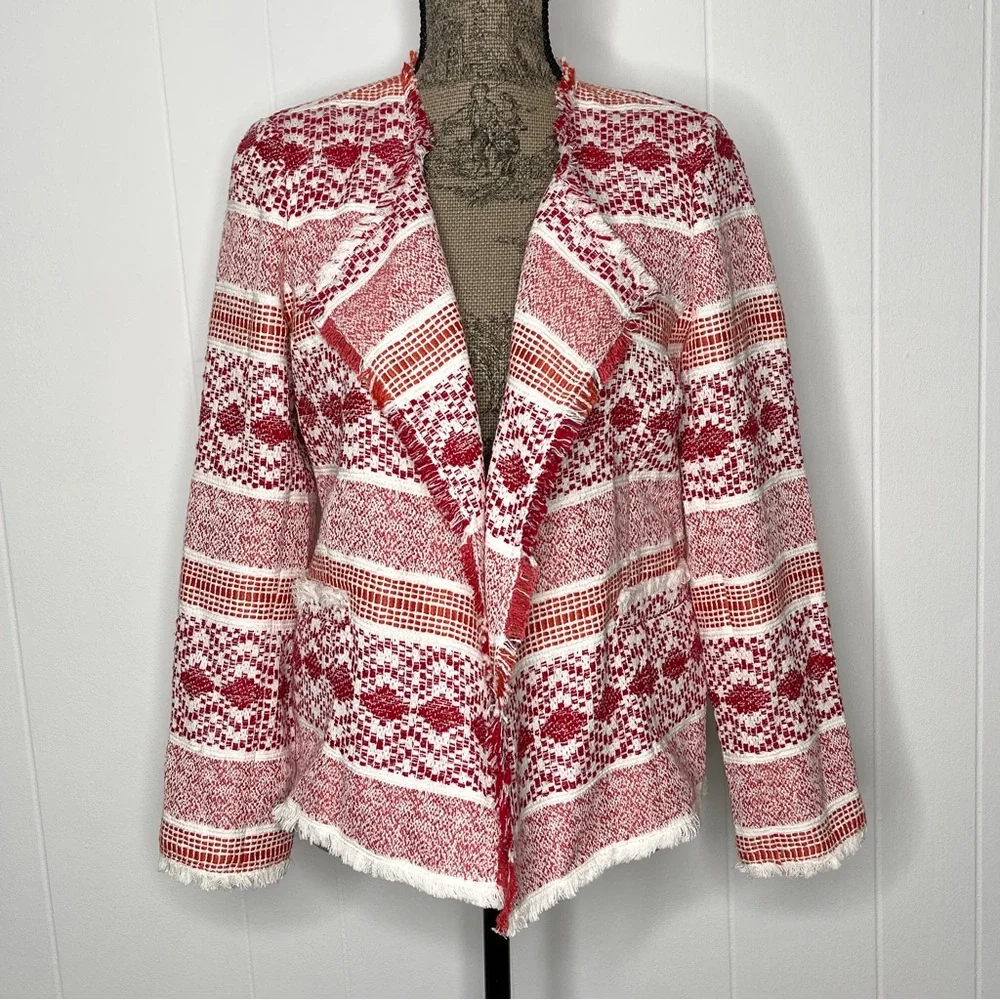 Ann Taylor LOFT Multi Pattern Textured Fringe Boho Open Blazer - Picture 1 of 8
